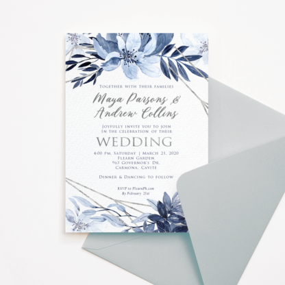 Wedding Invitation Template - Blue Flowers/Floral & Silver Frame