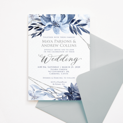 Wedding Invitation Template - Blue Flowers/Floral & Silver Frame