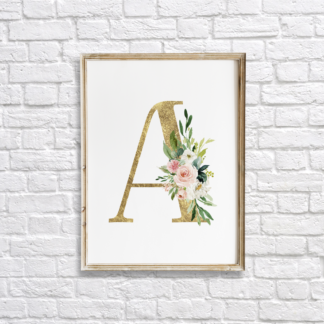 Initial Gold Letter A with Blush Flowers Wall Art Room Decor Printable
