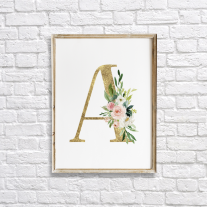 Initial Gold Letter A with Blush Flowers Wall Art Room Decor Printable