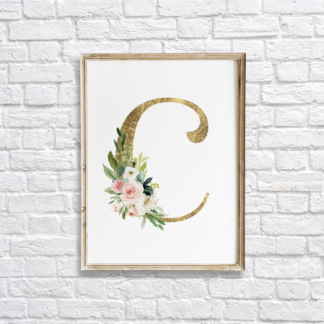 Initial Gold Letter C with Blush Flowers Wall Art Room Decor Printable