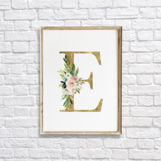 Initial Gold Letter E with Blush Flowers Wall Art Room Decor Printable