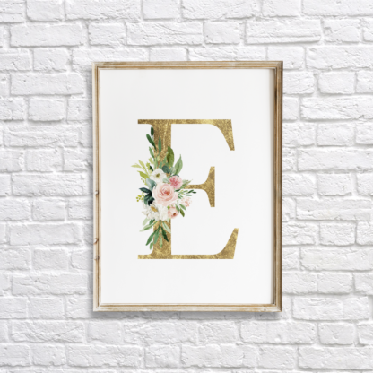 Initial Gold Letter E with Blush Flowers Wall Art Room Decor Printable ...