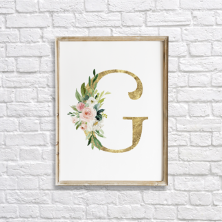 Initial Gold Letter G with Blush Flowers Wall Art Room Decor Printable