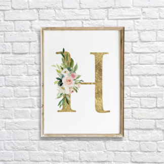 Initial Gold Letter H with Blush Flowers Wall Art Room Decor Printable