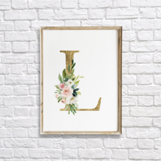 Initial Gold Letter L with Blush Flowers Wall Art Room Decor Printable