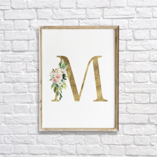 Initial Gold Letter M with Blush Flowers Wall Art Room Decor Printable