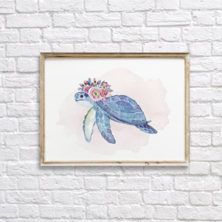 Sea Turtle with Pink Flowers Wall Art Room Decor Printable