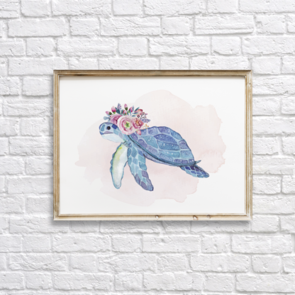 Sea Turtle with Pink Flowers Wall Art Room Decor Printable