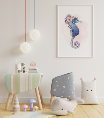 Seahorse with Flowers Watercolor Graphic Wall Art Room Decor
