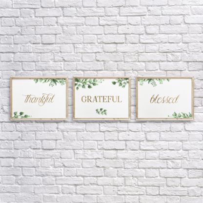 Thankful, Grateful, Blessed in Gold Wall Room Decor with Watercolor Leaves Printable