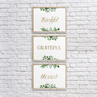 Thankful, Grateful, Blessed in Gold Wall Room Decor with Watercolor Leaves Printable