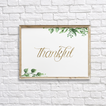 Thankful in Gold Wall Room Decor with Watercolor Leaves Printable
