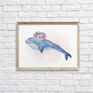 Whale with Pink Flowers Wall Art Room Decor Printable