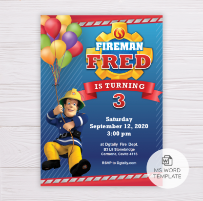 Fireman Sam Invitation Template, Birthday Invitation Template