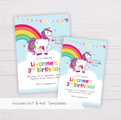 Rainbow Unicorn Invitation Template, Birthday Invitation Template