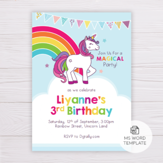 Rainbow Unicorn Invitation Template, Birthday Invitation Template