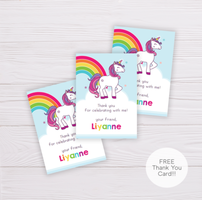 Rainbow Unicorn Thank You Card Template, Birthday Thank You Card Template