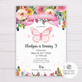 Butterfly Invitation Template with Colorful Watercolor Flowers/Floral