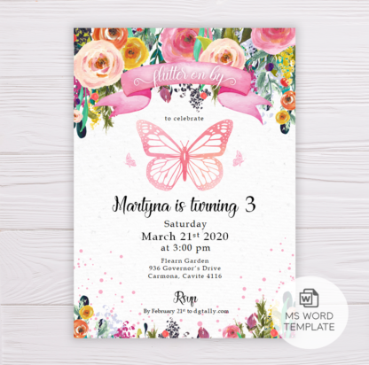 Butterfly Invitation Template with Colorful Watercolor Flowers/Floral