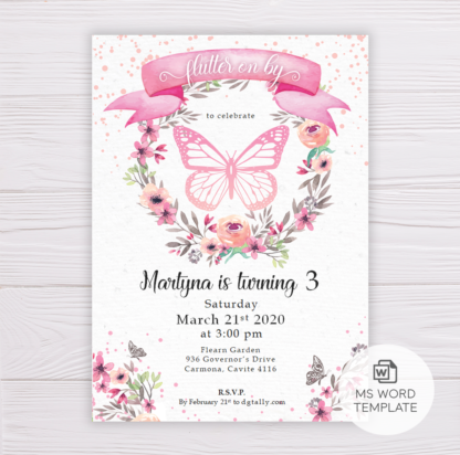 Butterfly Invitation Template with Watercolor Flowers/Floral Wreath