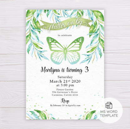 Butterfly Invitation Template with Watercolor Leaves
