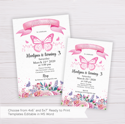 Butterfly Invitation Template with Watercolor Pink Flowers