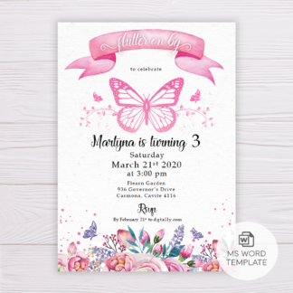 Butterfly Invitation Template with Watercolor Pink Flowers