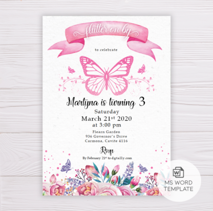 Butterfly Invitation Template with Watercolor Pink Flowers