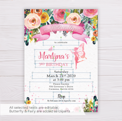 Fairy Invitation Template with Colorful Watercolor Flowers/Floral