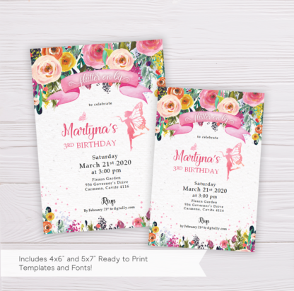 Fairy Invitation Template with Colorful Watercolor Flowers/Floral