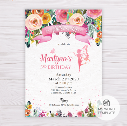 Fairy Invitation Template with Colorful Watercolor Flowers/Floral