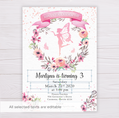 Fairy Invitation Template with Watercolor Flowers/Floral Wreath