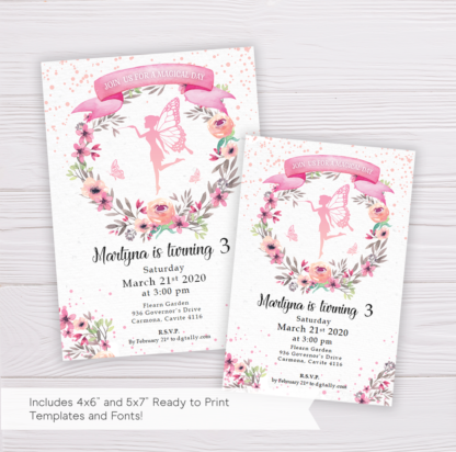 Fairy Invitation Template with Watercolor Flowers/Floral Wreath