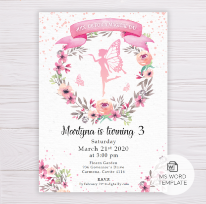 Fairy Invitation Template with Watercolor Flowers/Floral Wreath
