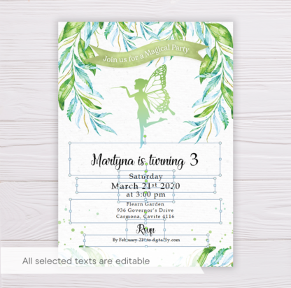 Fairy Butterfly Invitation Template with Watercolor Leaves