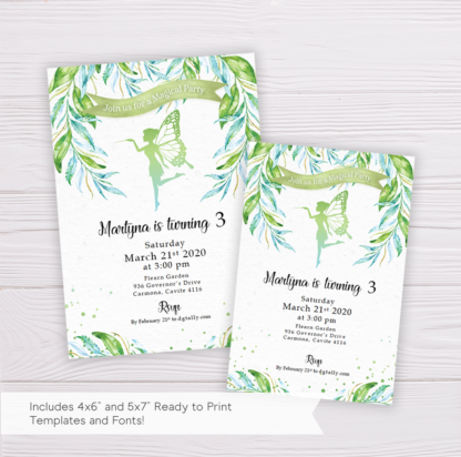 Fairy Butterfly Invitation Template with Watercolor Leaves