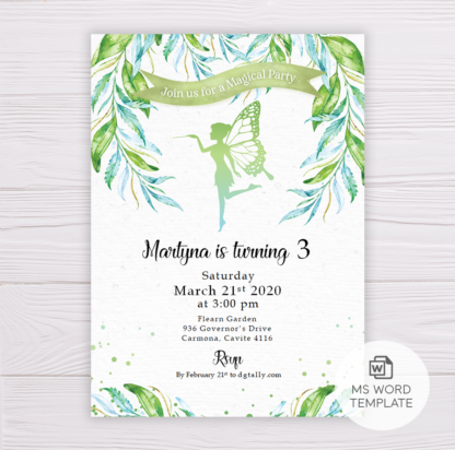 Fairy Butterfly Invitation Template with Watercolor Leaves