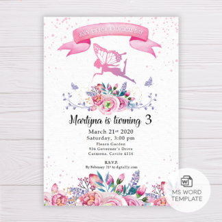 Fairy Invitation Template with Watercolor Pink Flowers