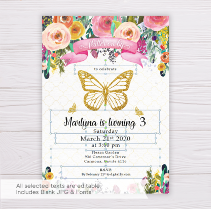 Gold Butterfly Invitation Template with Colorful Watercolor Flowers/Floral