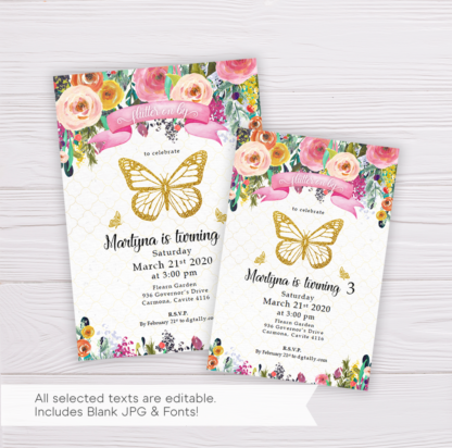 Gold Butterfly Invitation Template with Colorful Watercolor Flowers/Floral