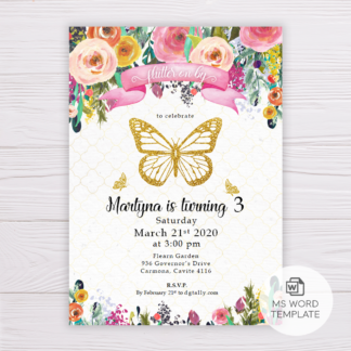 Gold Butterfly Invitation Template with Colorful Watercolor Flowers/Floral
