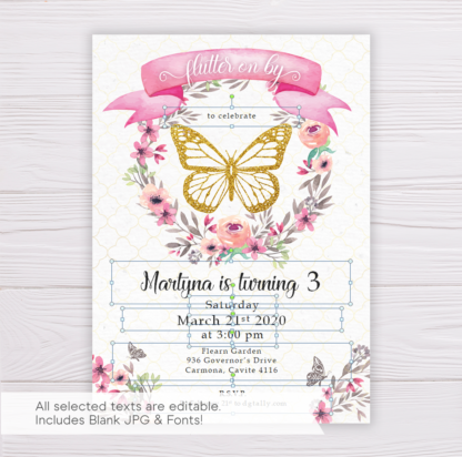 Gold Butterfly Invitation Template with Watercolor Flowers/Floral Wreath