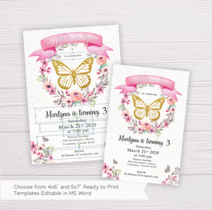Gold Butterfly Invitation Template with Watercolor Flowers/Floral Wreath