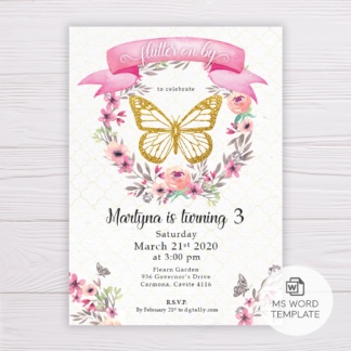 Gold Butterfly Invitation Template with Watercolor Flowers/Floral Wreath