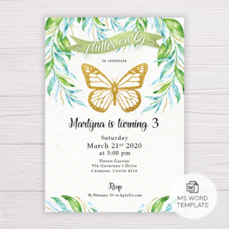 Gold Butterfly Invitation Template with Watercolor Leaves