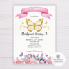 Gold Butterfly Invitation Template with Watercolor Pink Flowers