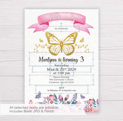 Gold Butterfly Invitation Template with Watercolor Pink Flowers