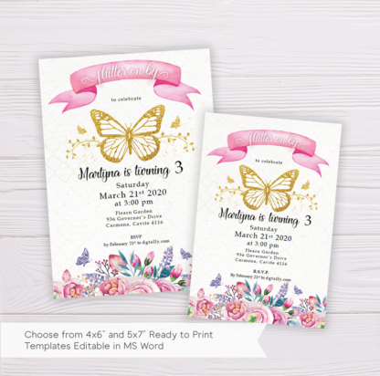 Gold Butterfly Invitation Template with Watercolor Pink Flowers