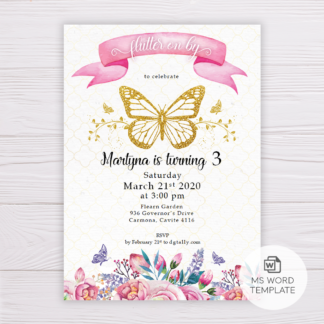 Gold Butterfly Invitation Template with Watercolor Pink Flowers